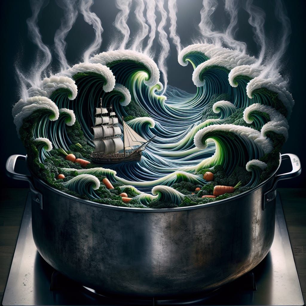 Hyperrealistic Vegetable Ocean in Cooking Pot