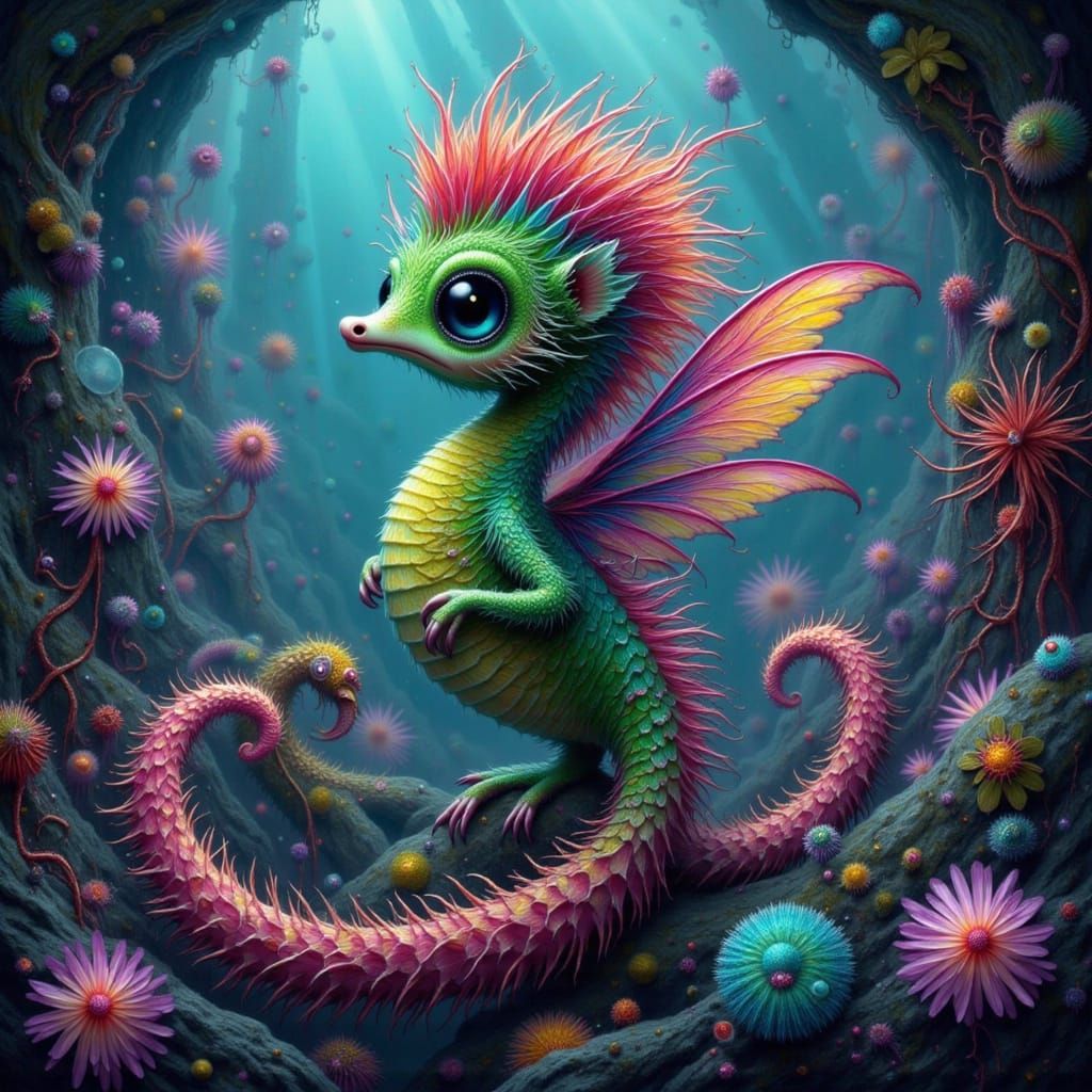 Iridescent Seahorse with Wings in Crystal Cave