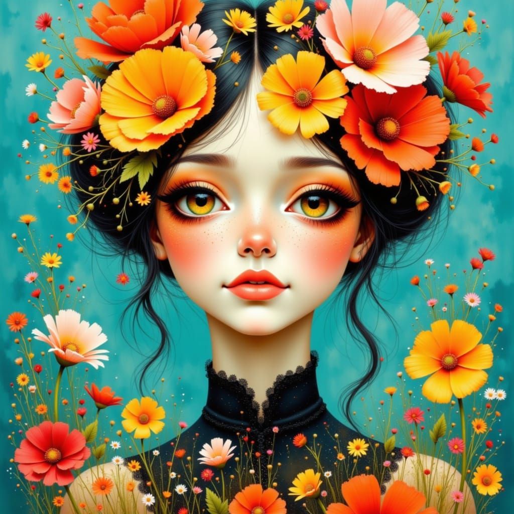 Whimsical Pop Art Fantasy Portrait with Floral Patterns