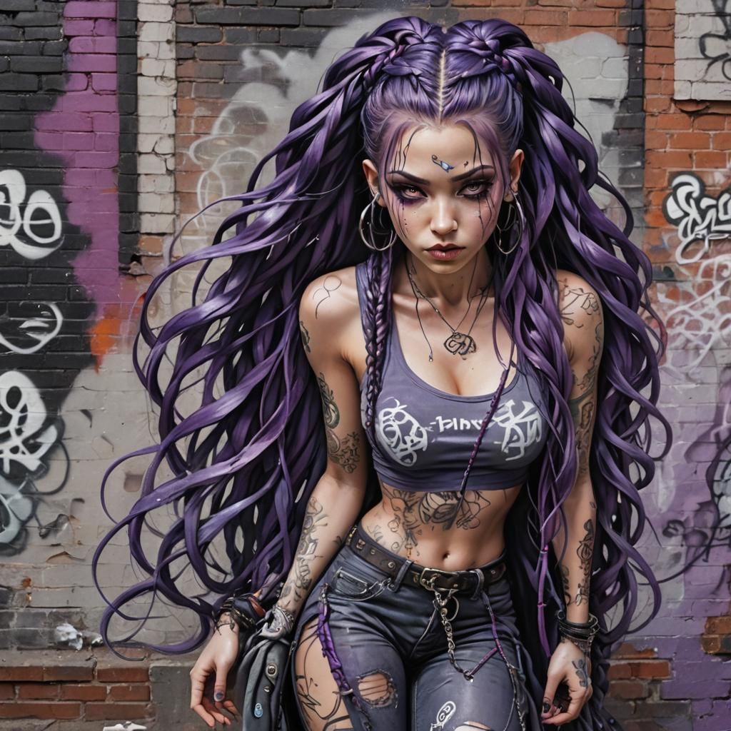 Female Graffiti Artist with Braided Hair in City Alley