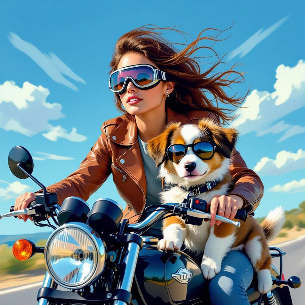 Woman Rides Motorcycle with Puppy in Sidecar