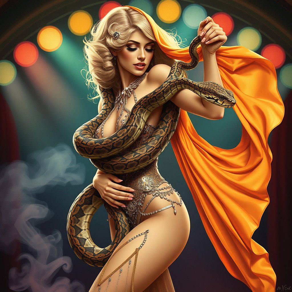 Burlesque Dancer with Python in Art Nouveau Style