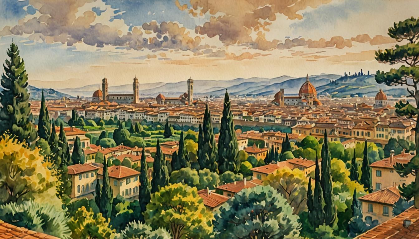 Florence Rooftops in Post-Impressionism Watercolor