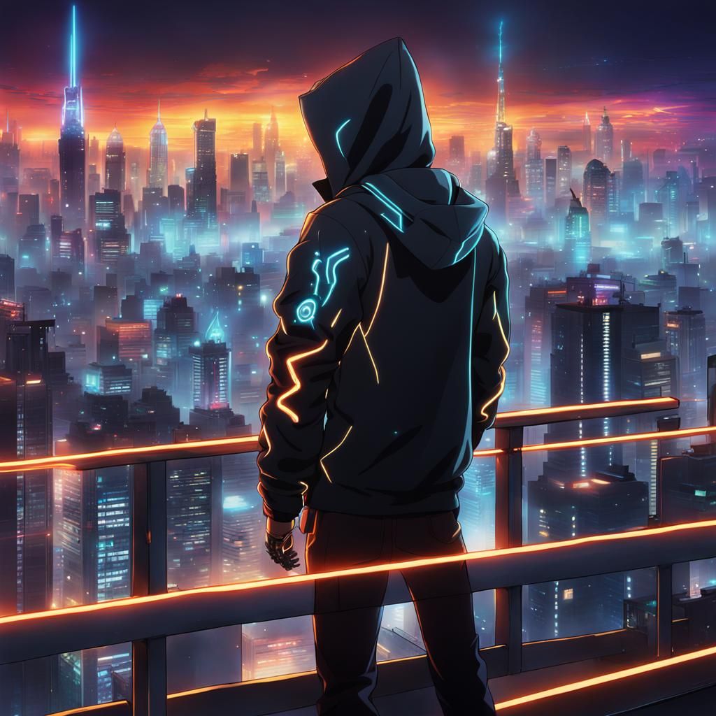 Cyberpunk Character with Cyborg Arm on Rooftop