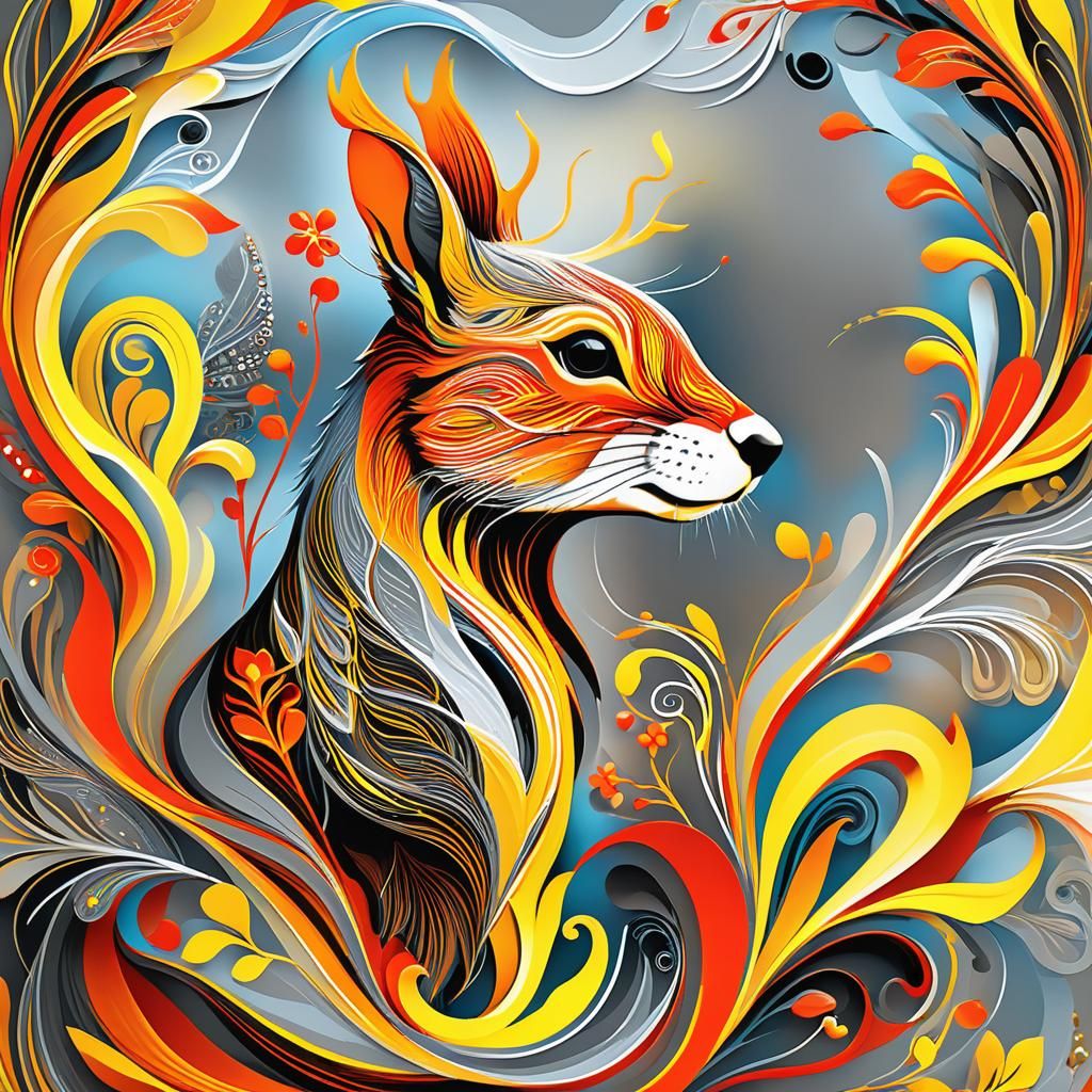 Abstract Squirrel and Deer Illustration in Red and Yellow