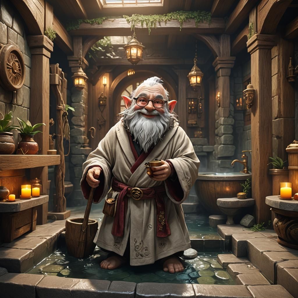 Smiling Gnome in Bathhouse: Detailed Matte Painting