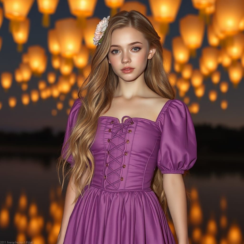 Golden Haired Woman by Lake with Lanterns