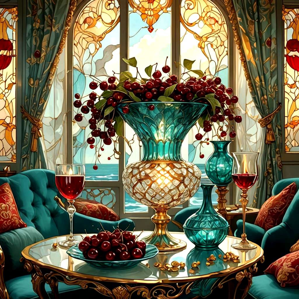 Art Nouveau Cherries Still Life with Golden Light
