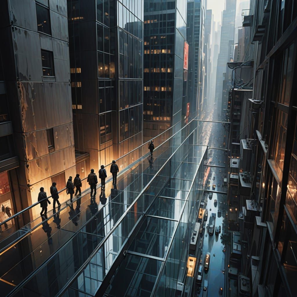 People Crossing Dizzying Glass Walkway in Urban Canyon