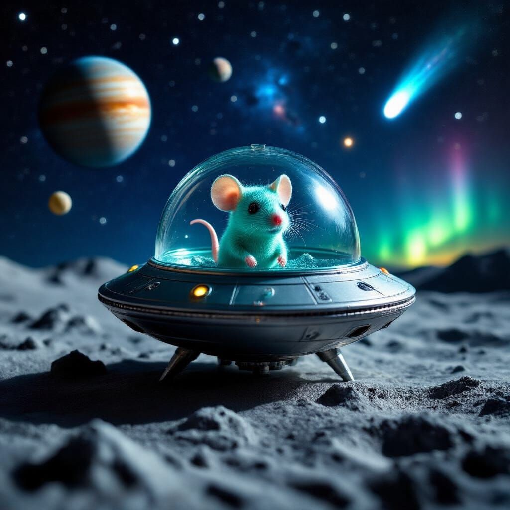 Alien Spaceship with Mouse on Moon Surface
