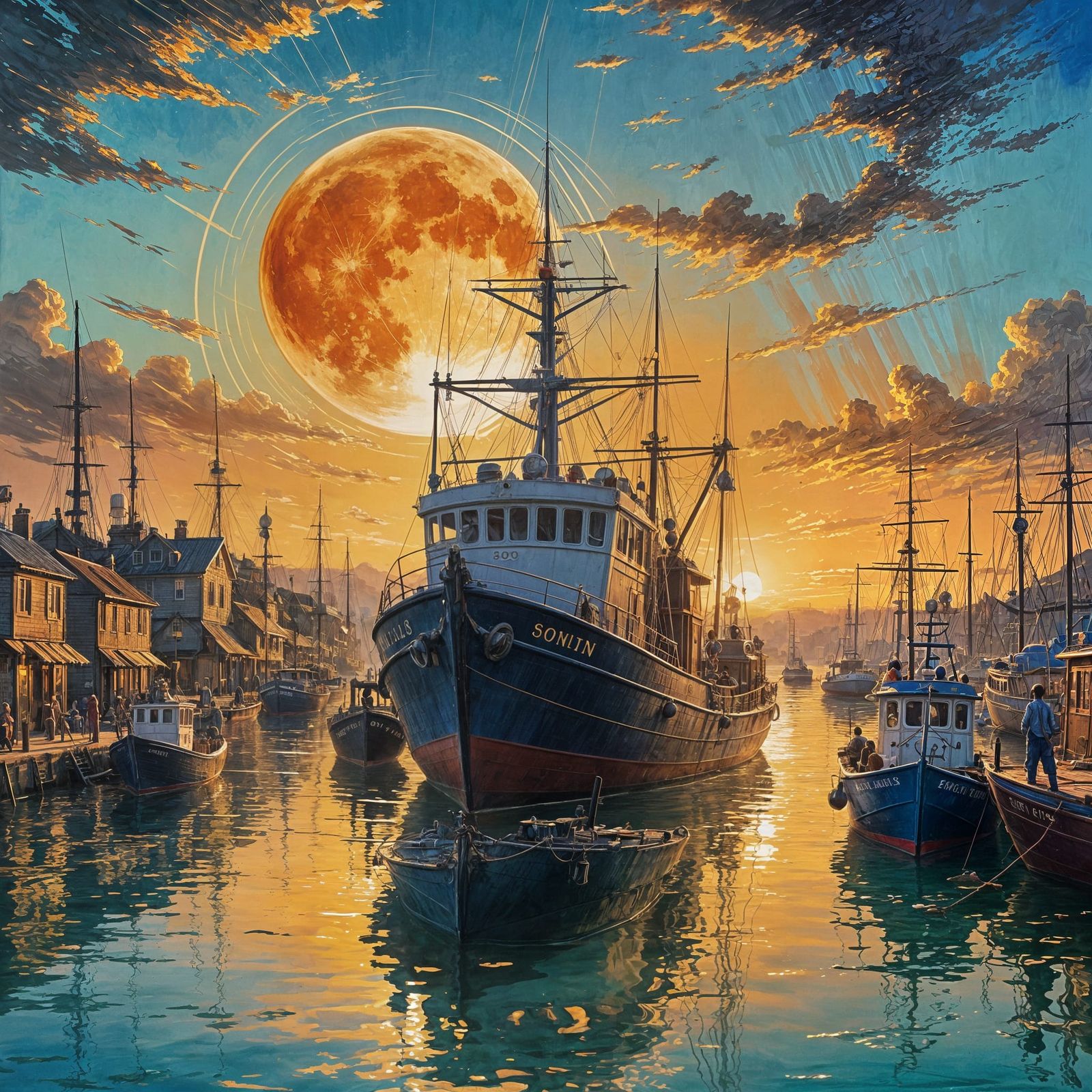 Vibrant oil painting. Close up of a large Fishing boat in th...