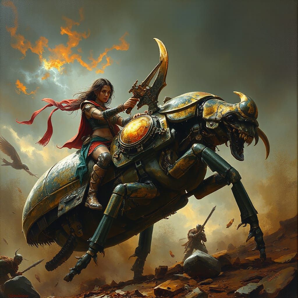Warrior Woman Rides Armored Beetle: Oil Painting