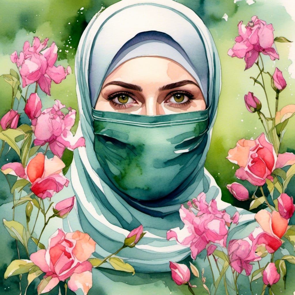 Watercolor Portrait of a Woman in Hijab