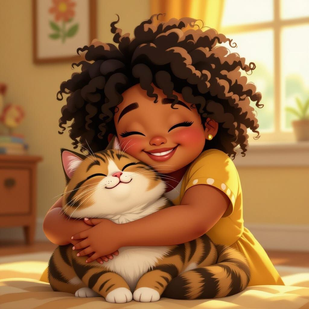 Girl Hugging Cat in Pixar-Inspired Animation