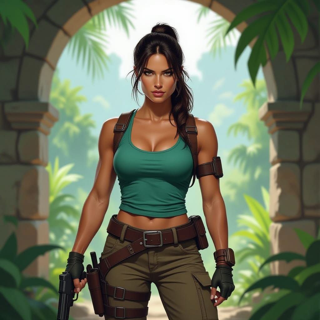 Adventurous Woman in Jungle Archway, Rugged Illustration