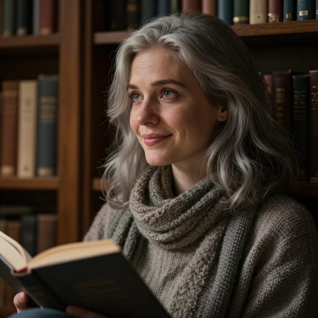 Hyperrealistic Portrait of Thoughtful Girl with Silver Hair