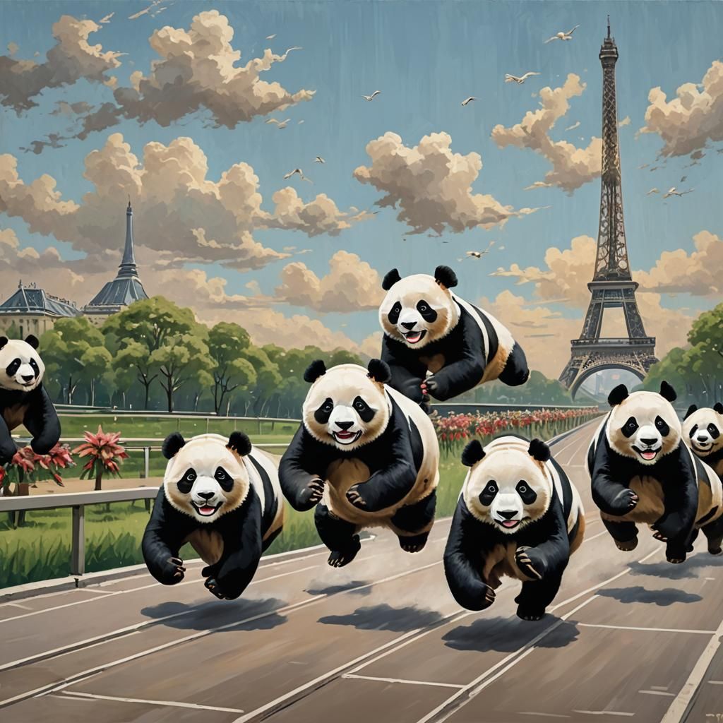 Panda Runs in Paris Olympics: Maximalist Digital Painting