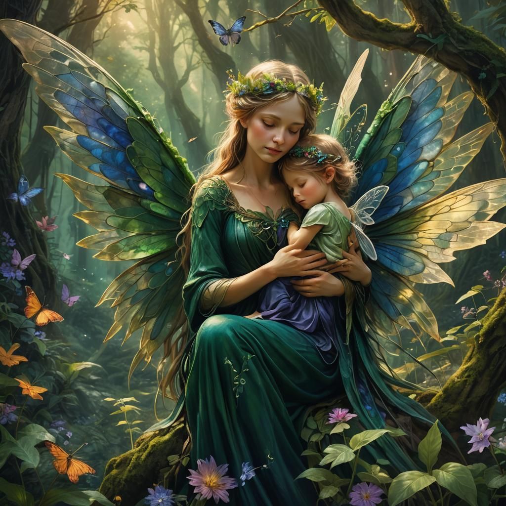 Mother and Child Fairy Embrace in Lush Forest
