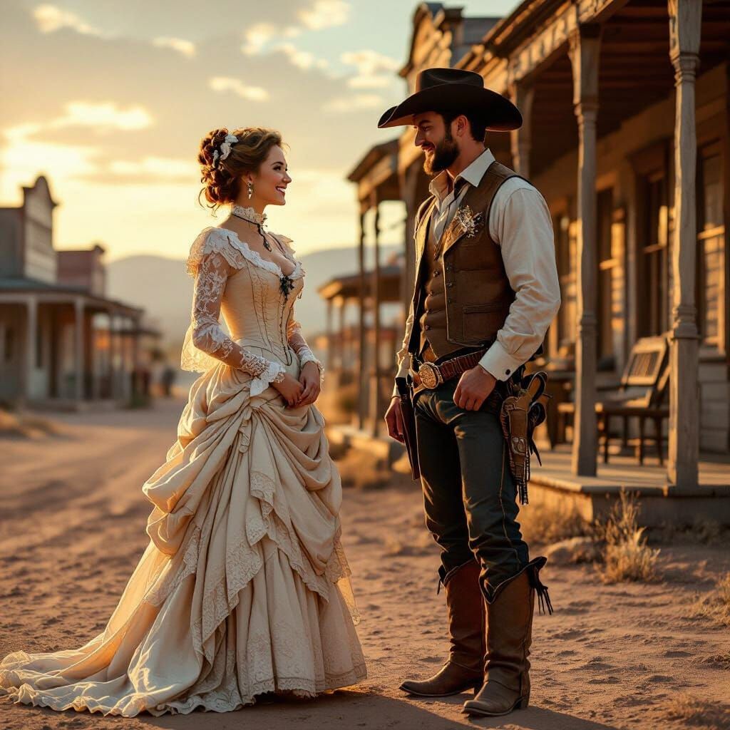 Victorian Lady & Cowboy Flirt on Old West Boardwalk