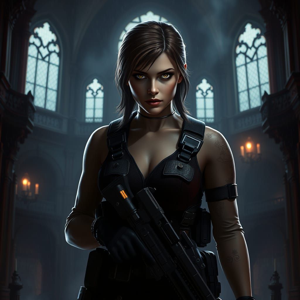 Jill Valentine in Dark Gothic Mansion, Resolute and Ready to...