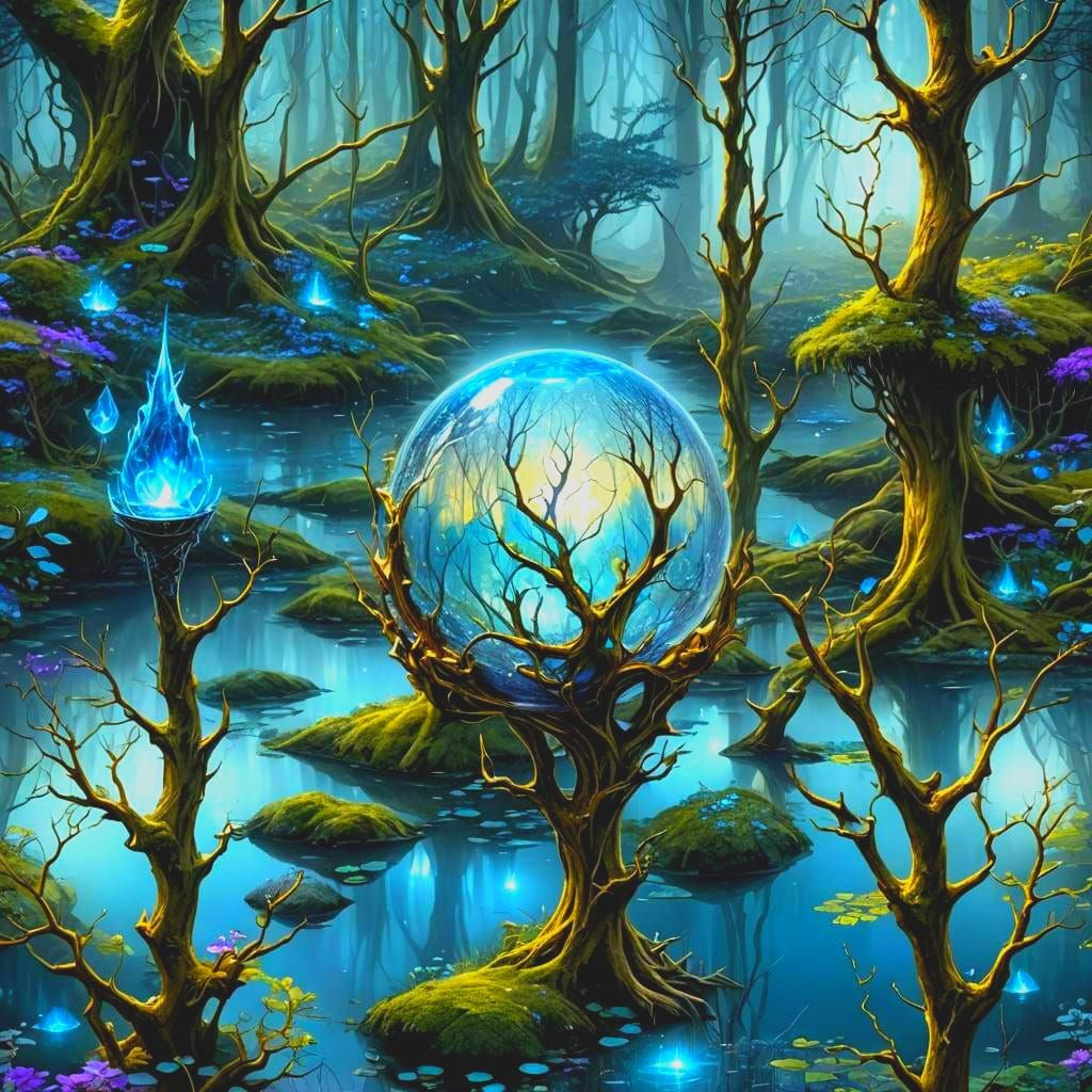 Silver Chalice in Mountain Lake: Dark Fantasy Art