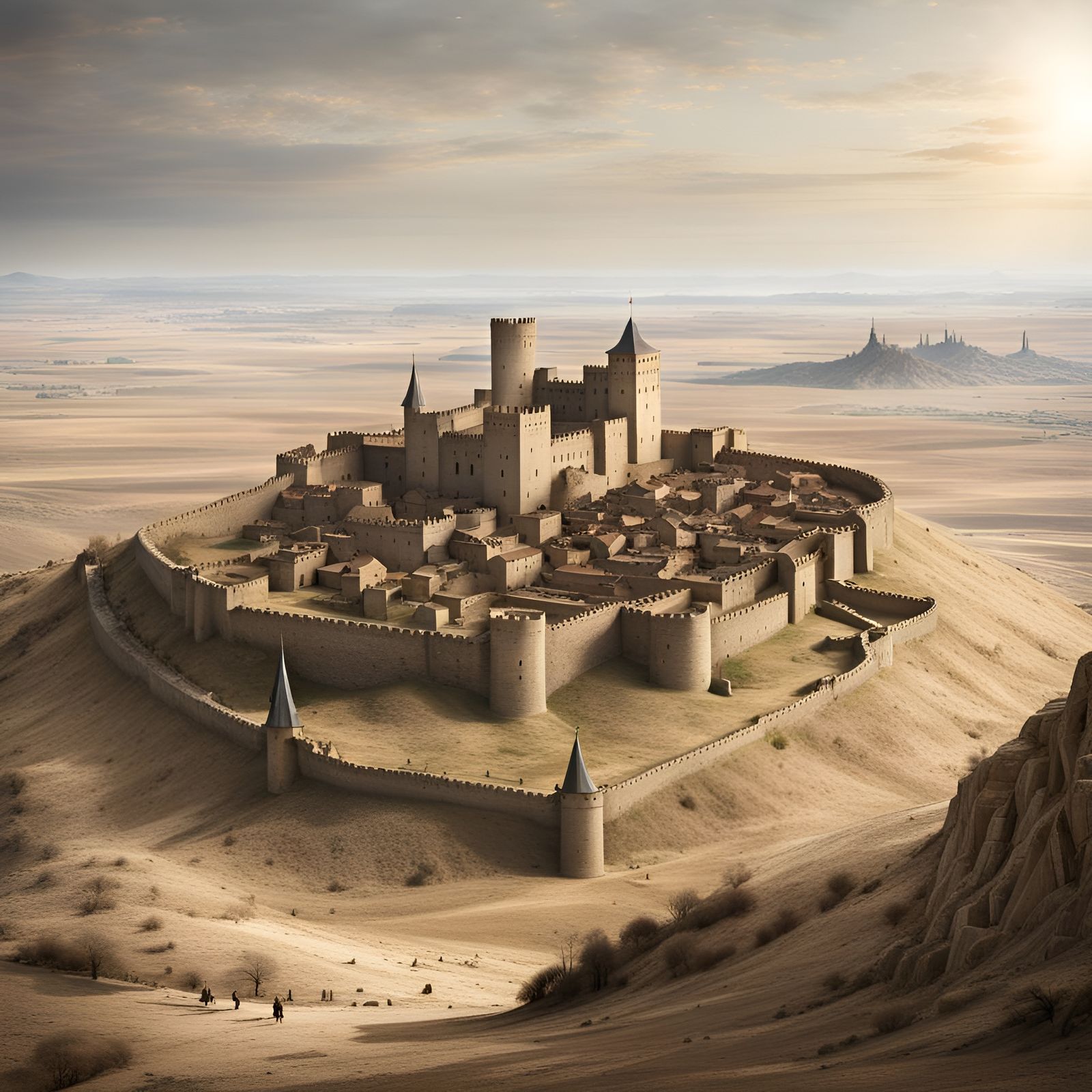 Medieval Fortress and City on Arid Plain