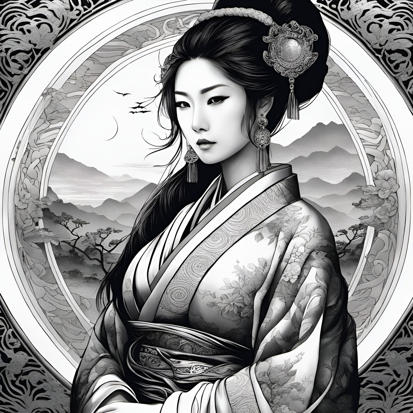 Elegant Asian Girl in Ink Drawing Style