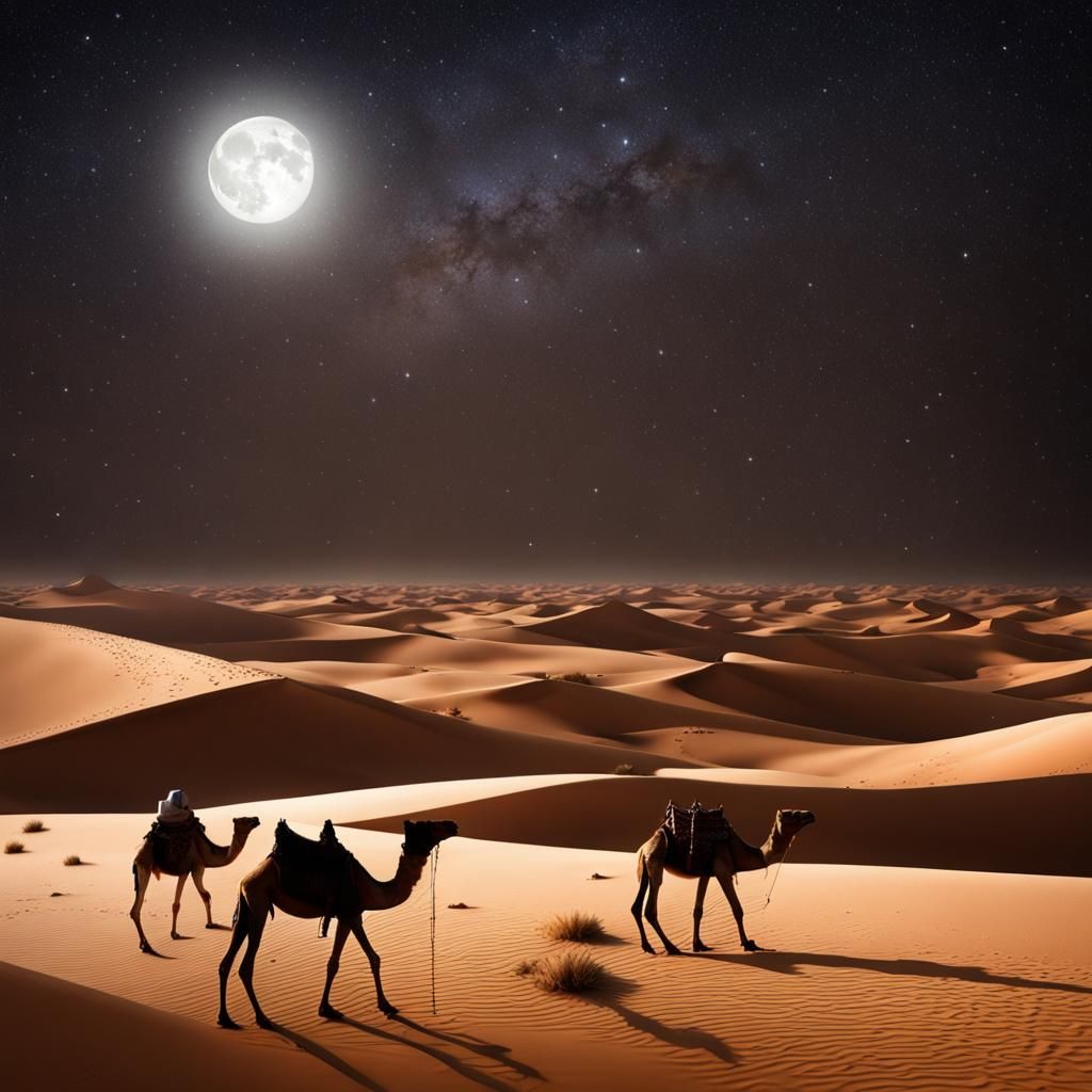 Sahara Night: Camels Under Moonlight Stars