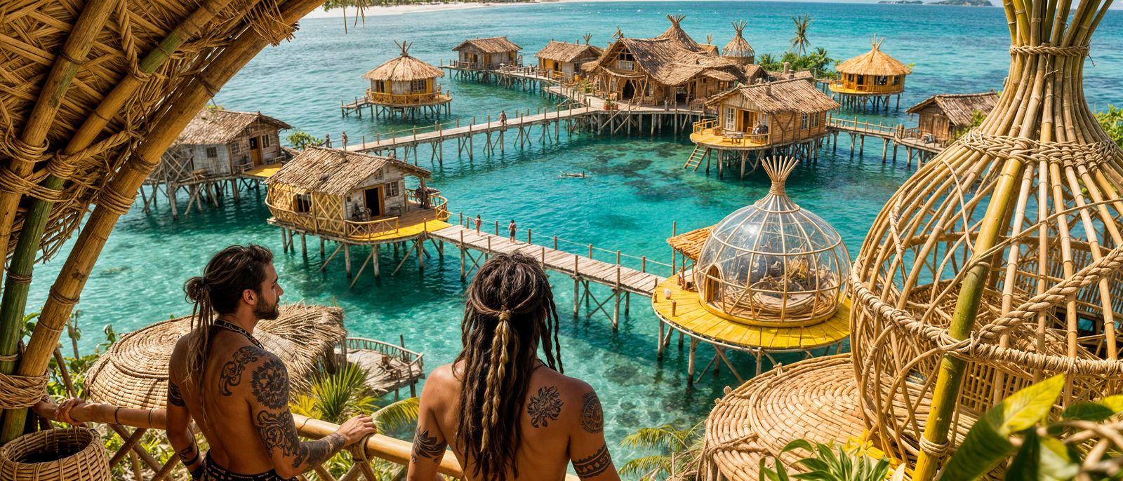 Village on Stilts Connected by Platforms Over Lagoon