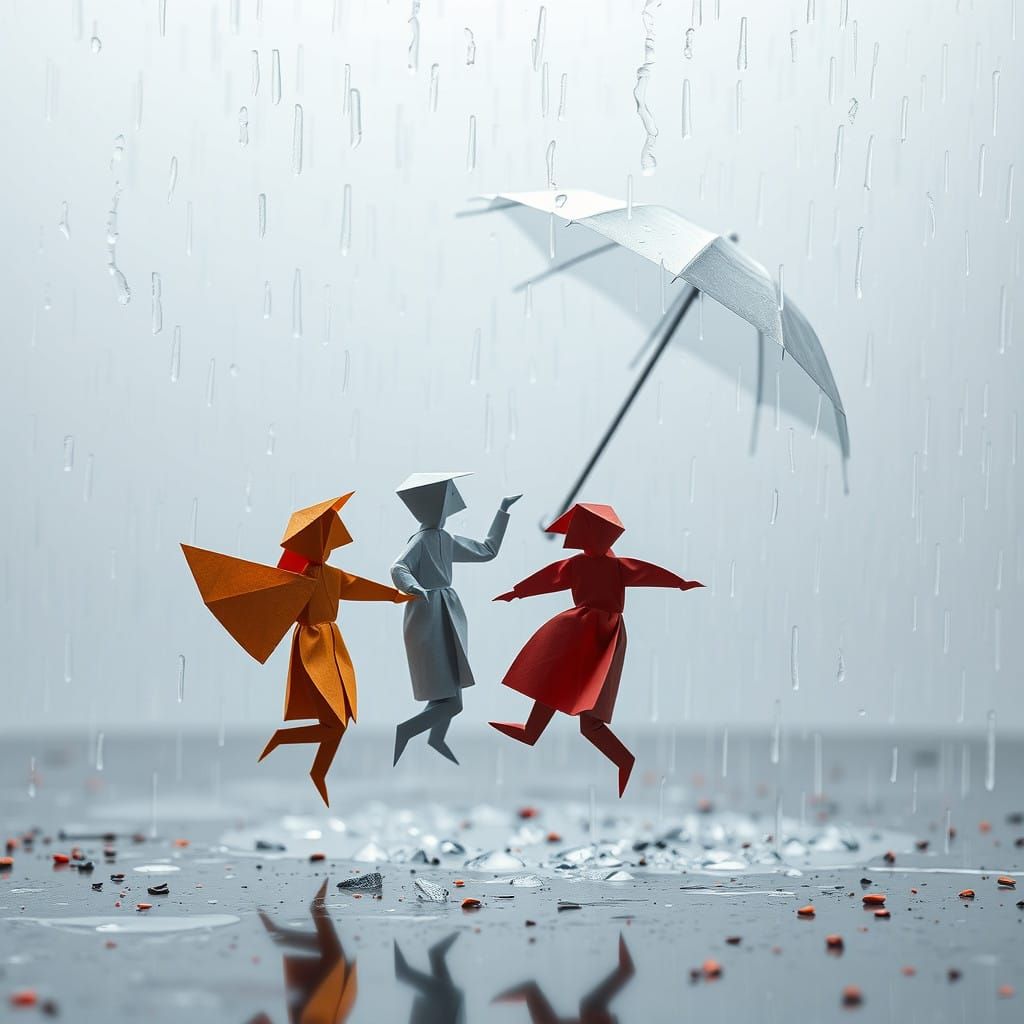 Whimsical Origami Dancers Unfurl Under Rainy Umbrella