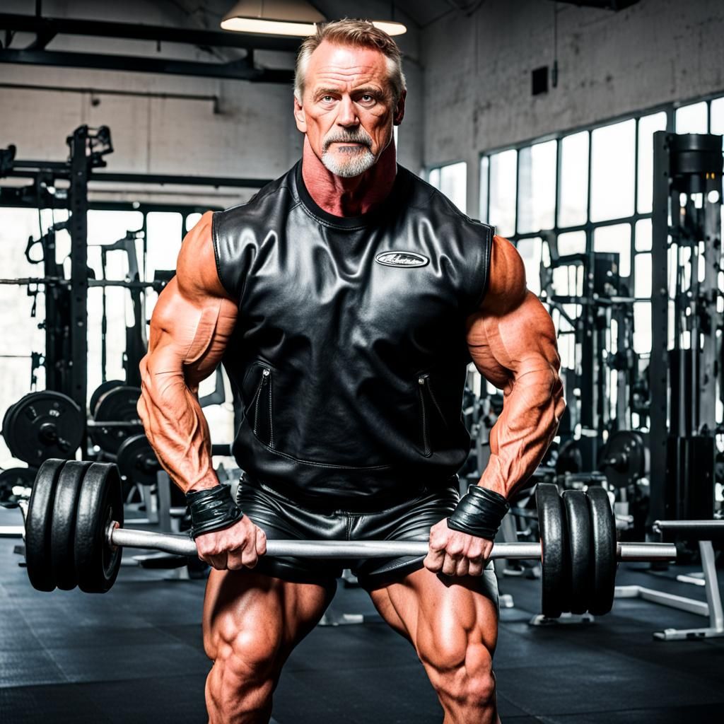 Muscleman Lifting Weights in Leather Gym
