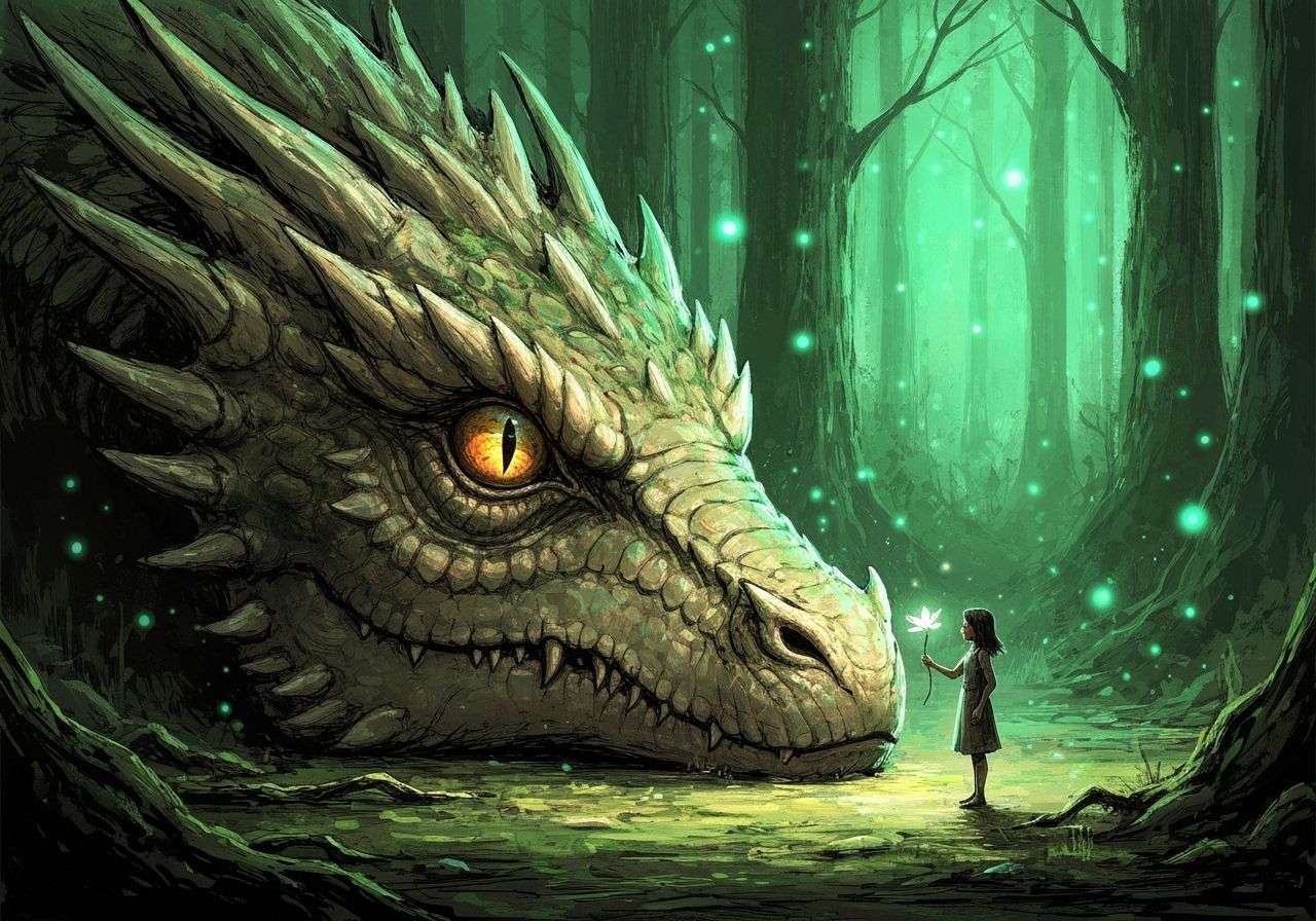 Dragon and Girl in Magical Forest Oil Painting