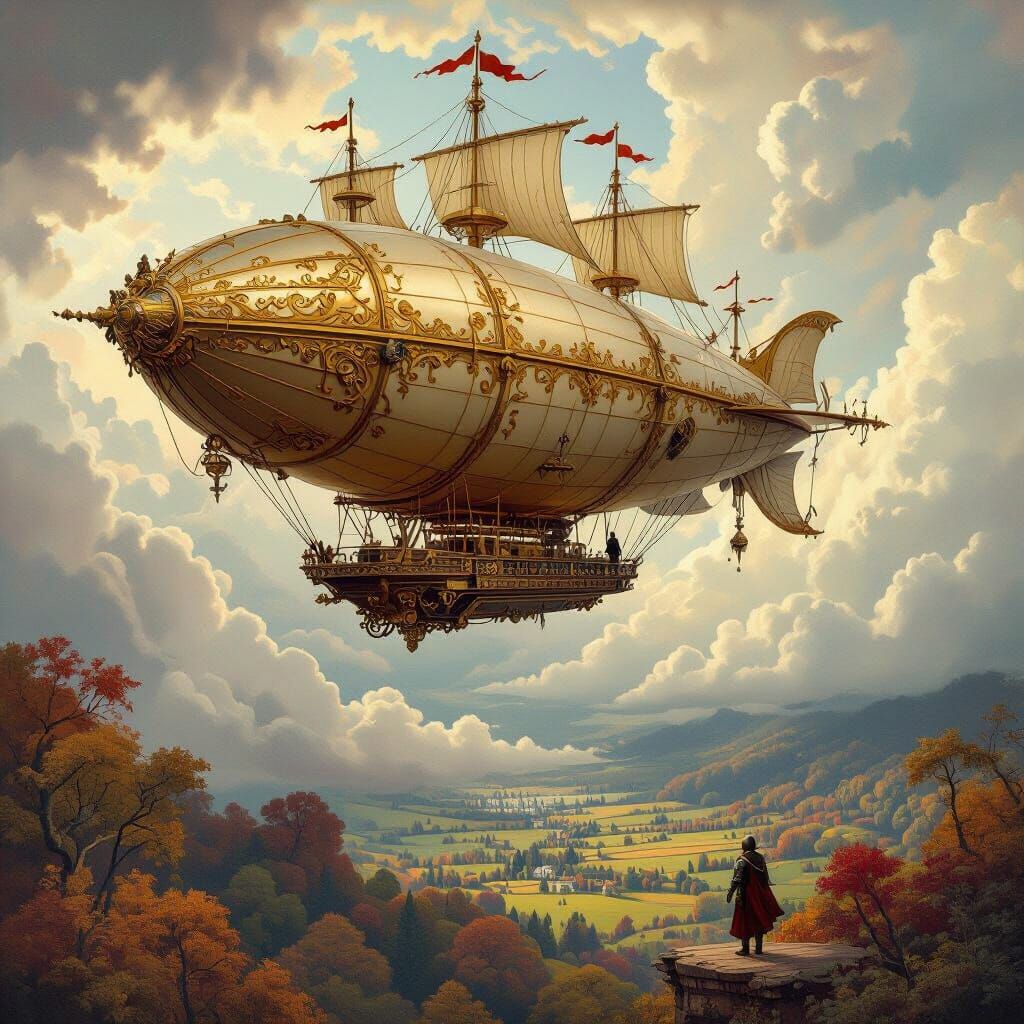 Ornate Airship Soaring Over Enchanted Forest