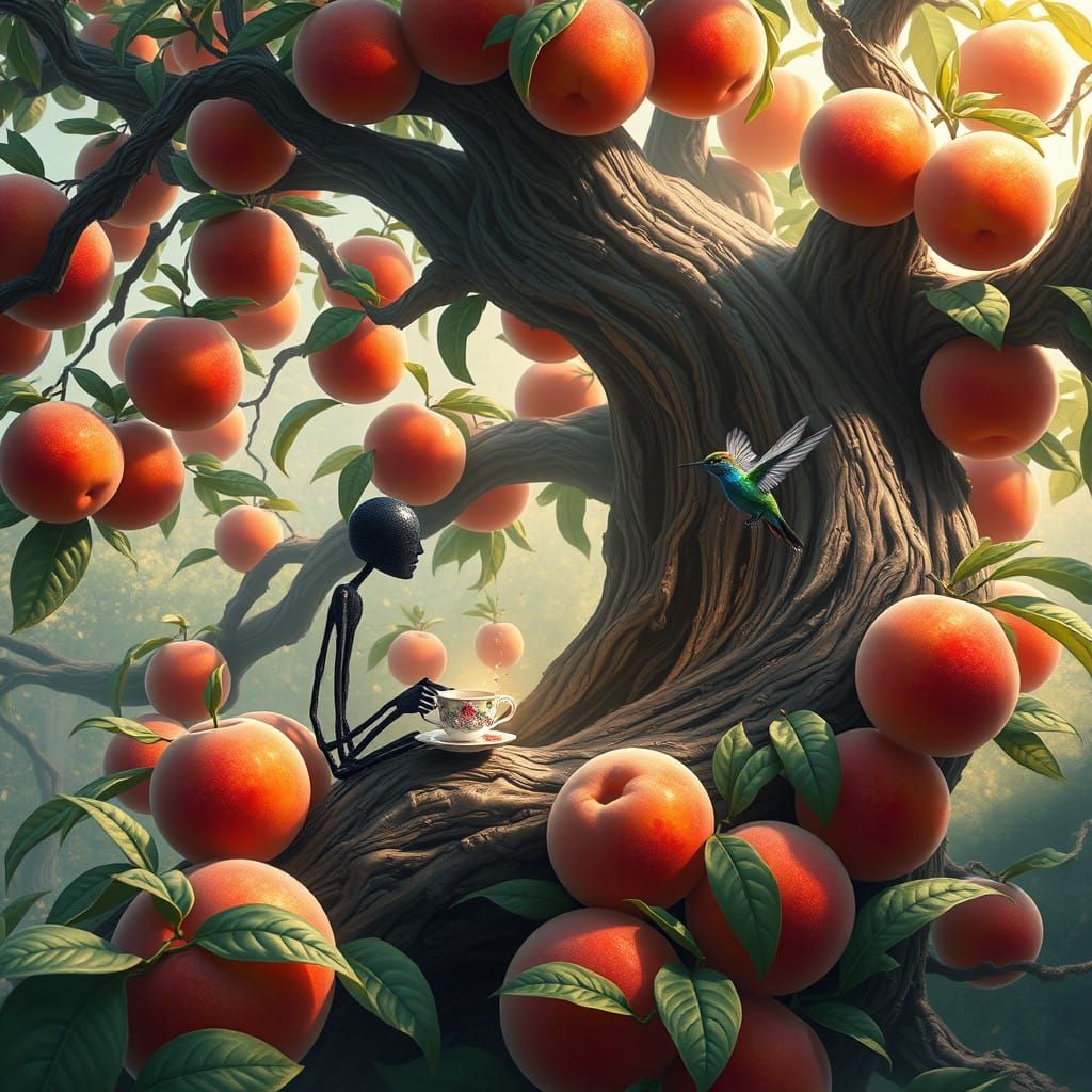 Fantasy Stickman Amidst Glowing Peaches and Gemstone Coffee