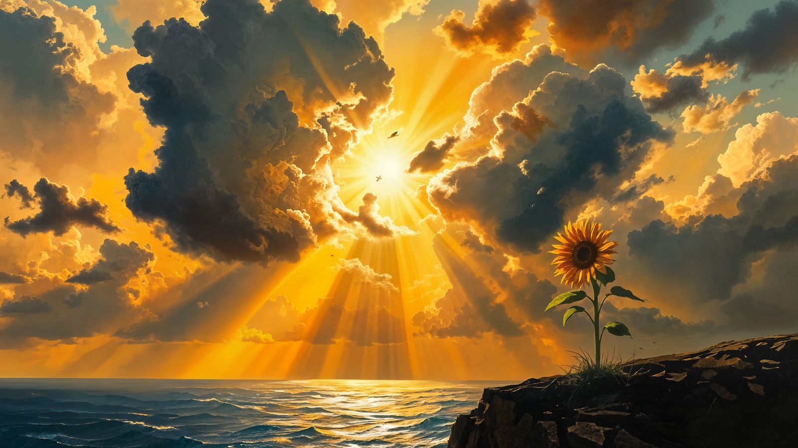 Defiant Sunflower on Stormy Cliff Edge