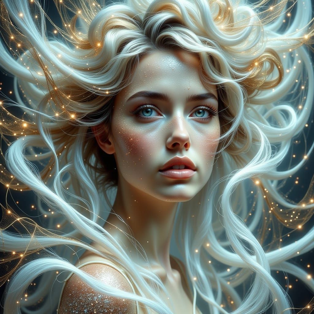 Sculptured White Hair Flows Over Pale Woman