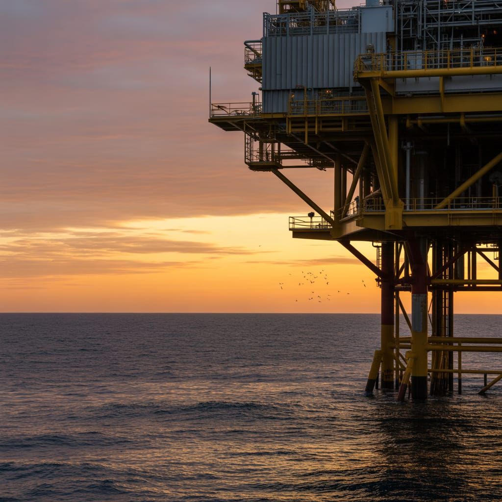 Oil Rig Silhouette at Dramatic Sunset Over Ocean