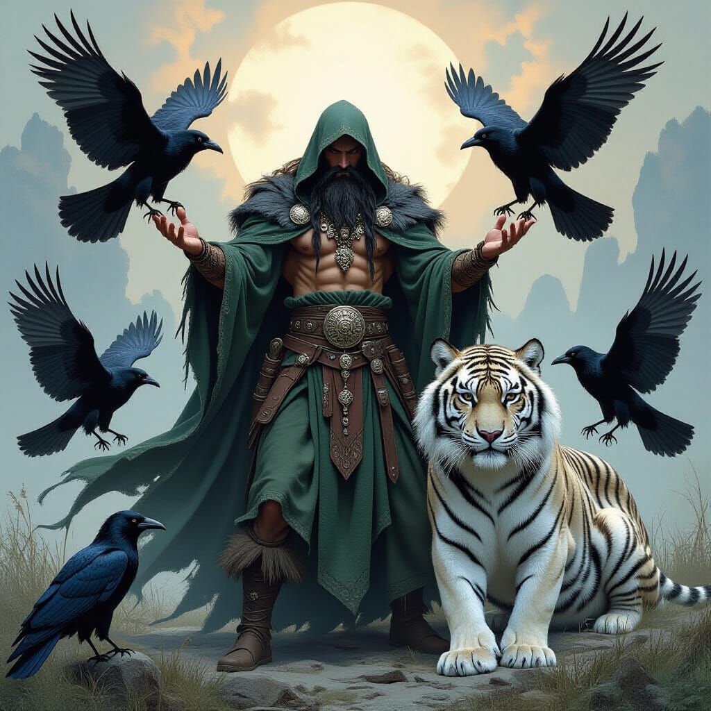 Celtic Druid Summons Morrigan with Siberian Tiger in Frazett...