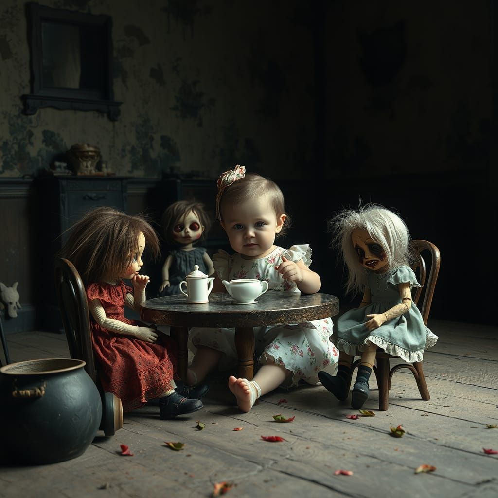 Creepy Tea Party with Dolls in Eerie Children's Room