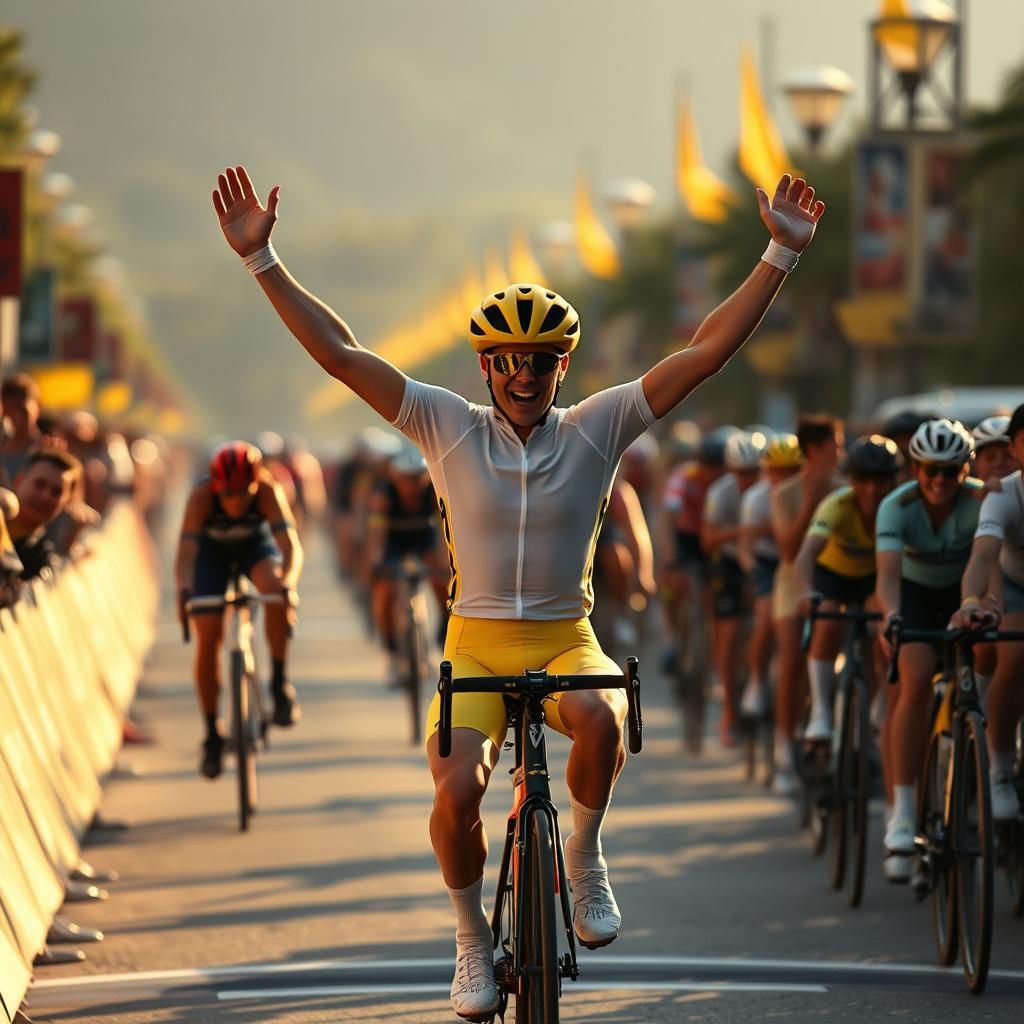 Triumphant Cyclist Celebrates Victory in Cinematic Style