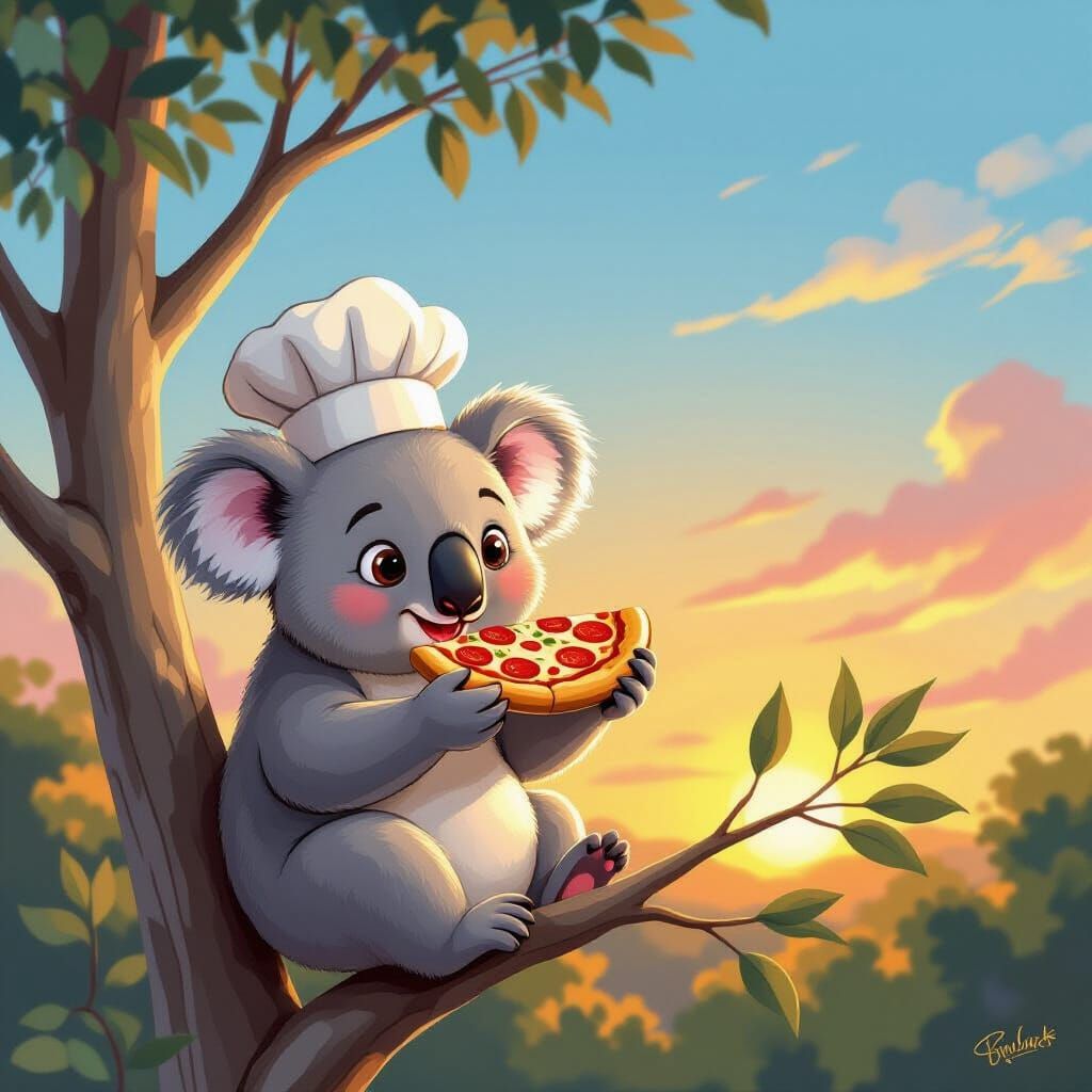 Cute Koala Enjoys Pizza in Sunset Tree