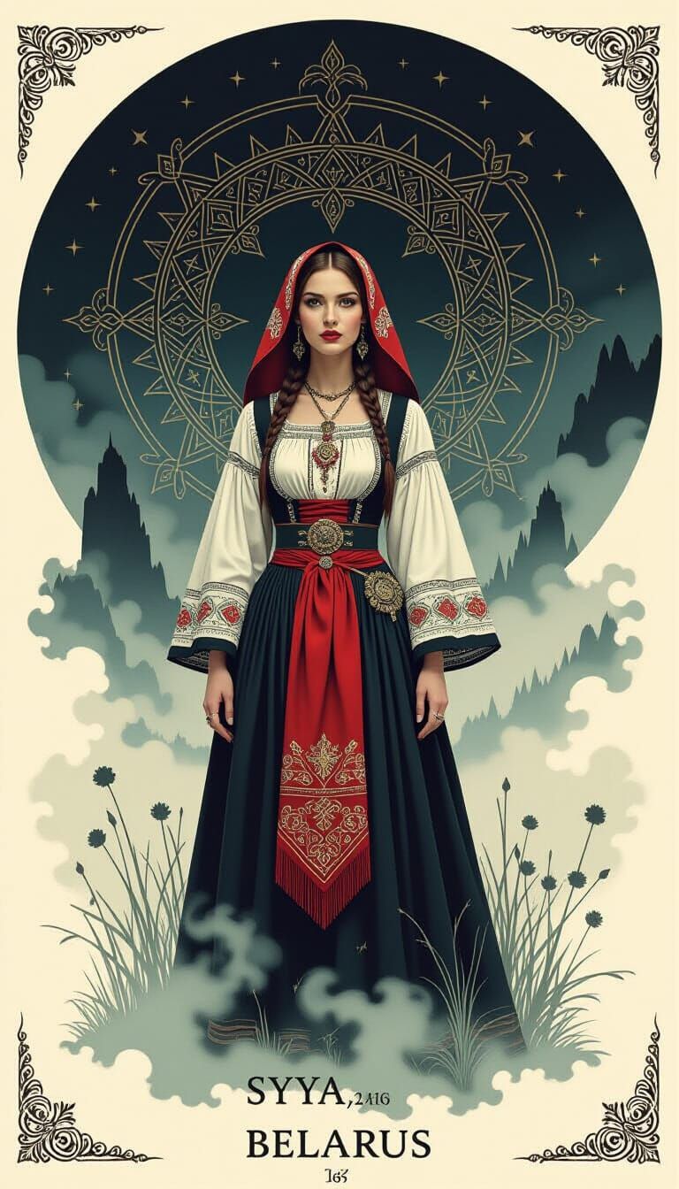 Belarusian Woman in Mystical Landscape, Digital Art