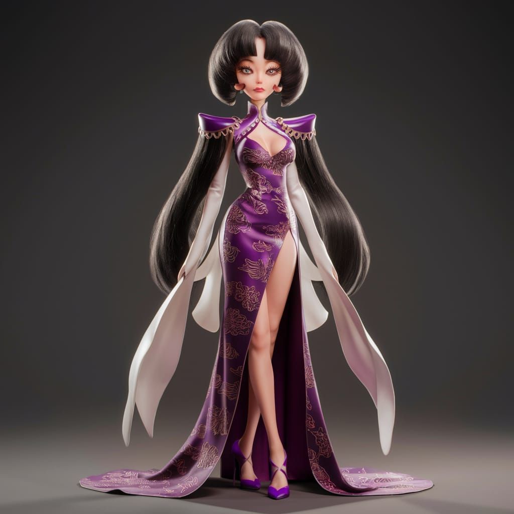 Elegant Anime Woman in Purple Dress, 8K Render