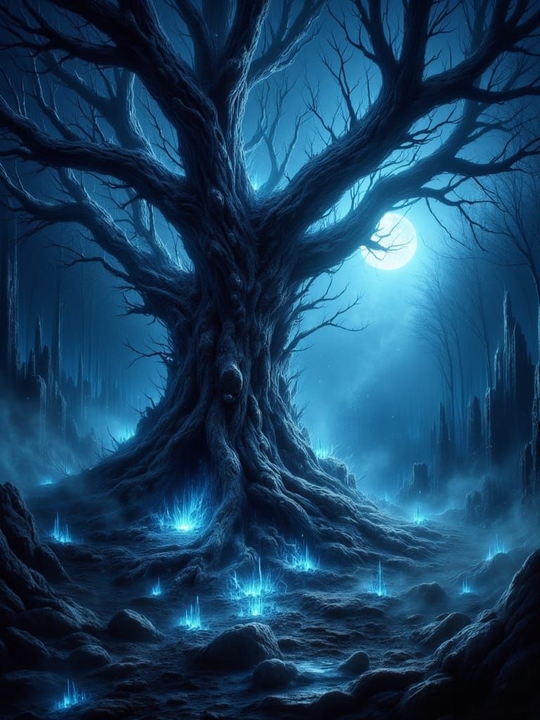 Eerie Moonlight Oak with Bioluminescent Fungi