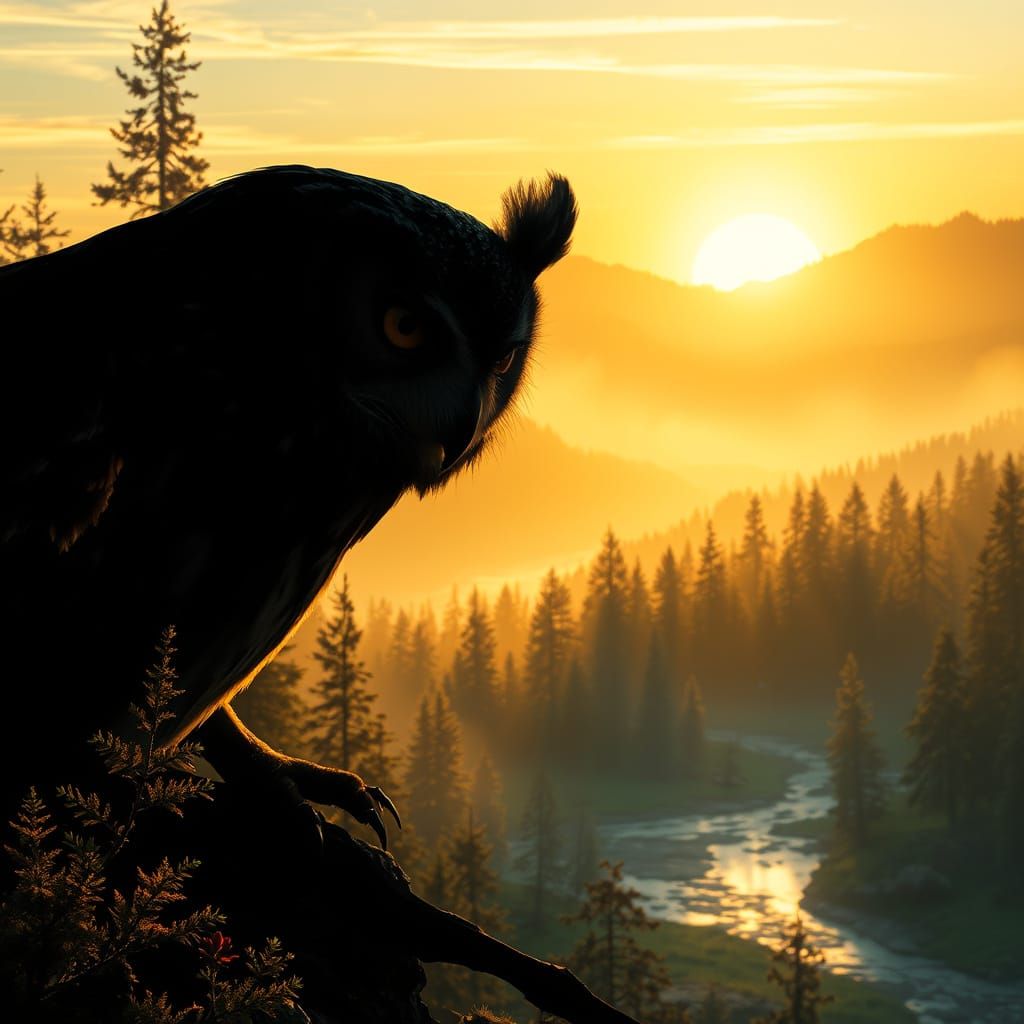 Owl Silhouette in Glowing Forest Landscape