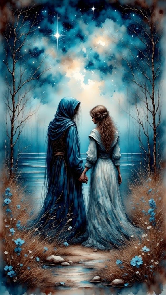 Sisters Reaching Out Under Starry Skies as Impressionist Pai...