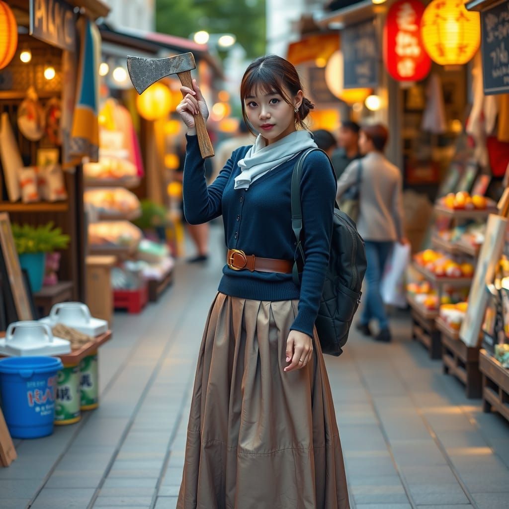 Japanese Student with Hand Ax at Street Market