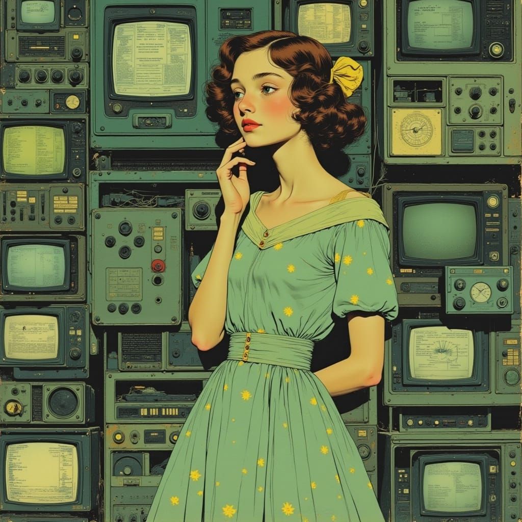 Retro Anime Girl in Vintage Computer Room