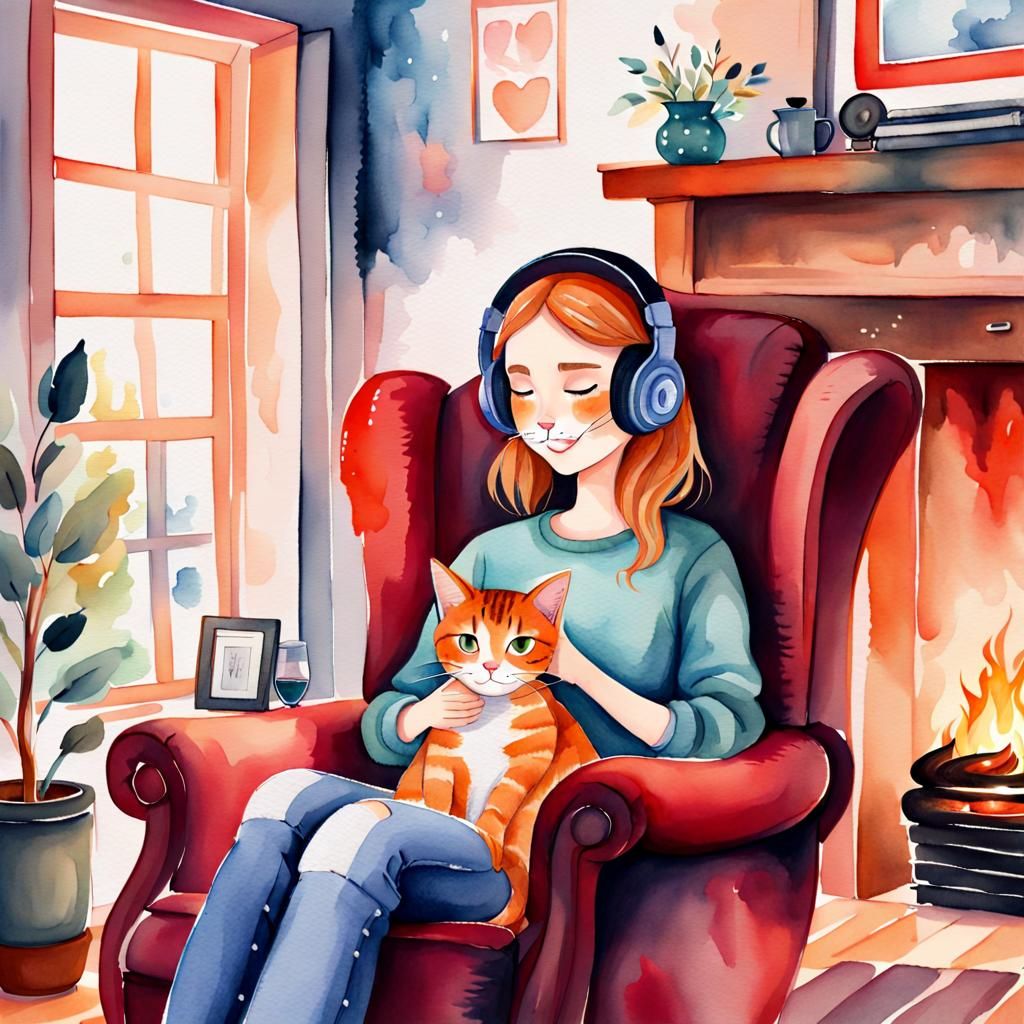Cozy Evening: Girl, Cat, and Warm Fireplace in Watercolor