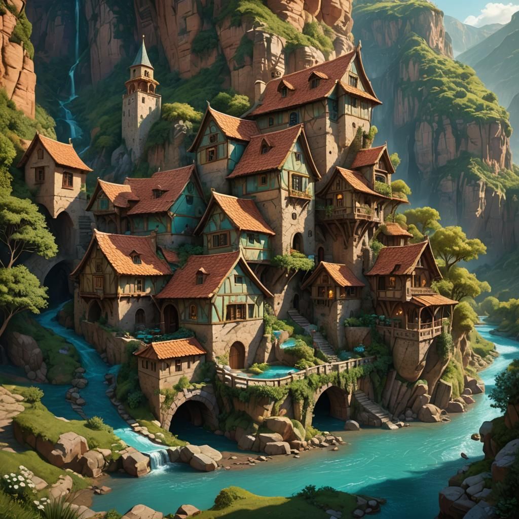 Medieval Home in Canyon: Hyper-Realistic Fantasy Art